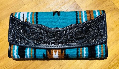 Angie Turquoise/White Saddle Blanket and Tooled Leather Trifold Wallet