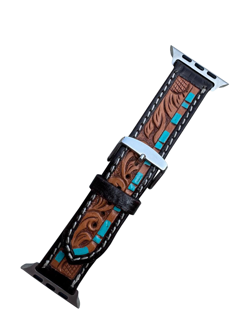Tooled Leather Apple Watch Strap with Turquoise Detailing
