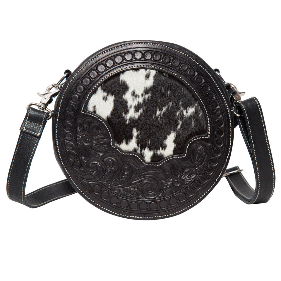 Janet – Genuine Cowhide and Tooled Leather Round Bag
