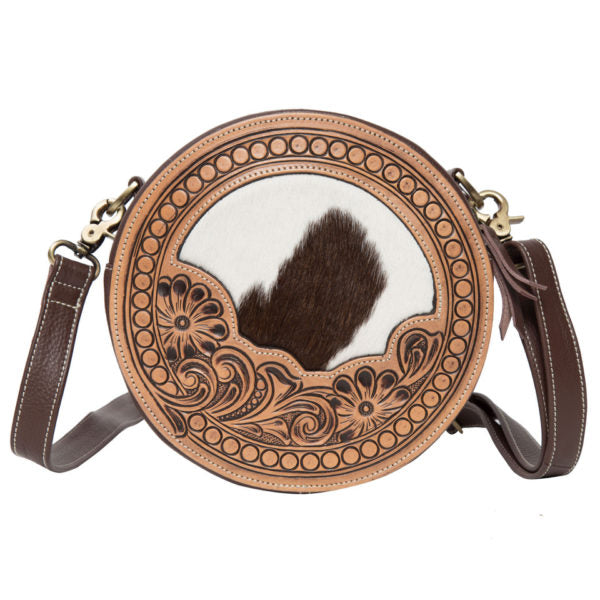 Janet – Genuine Cowhide and Tooled Leather Round Bag