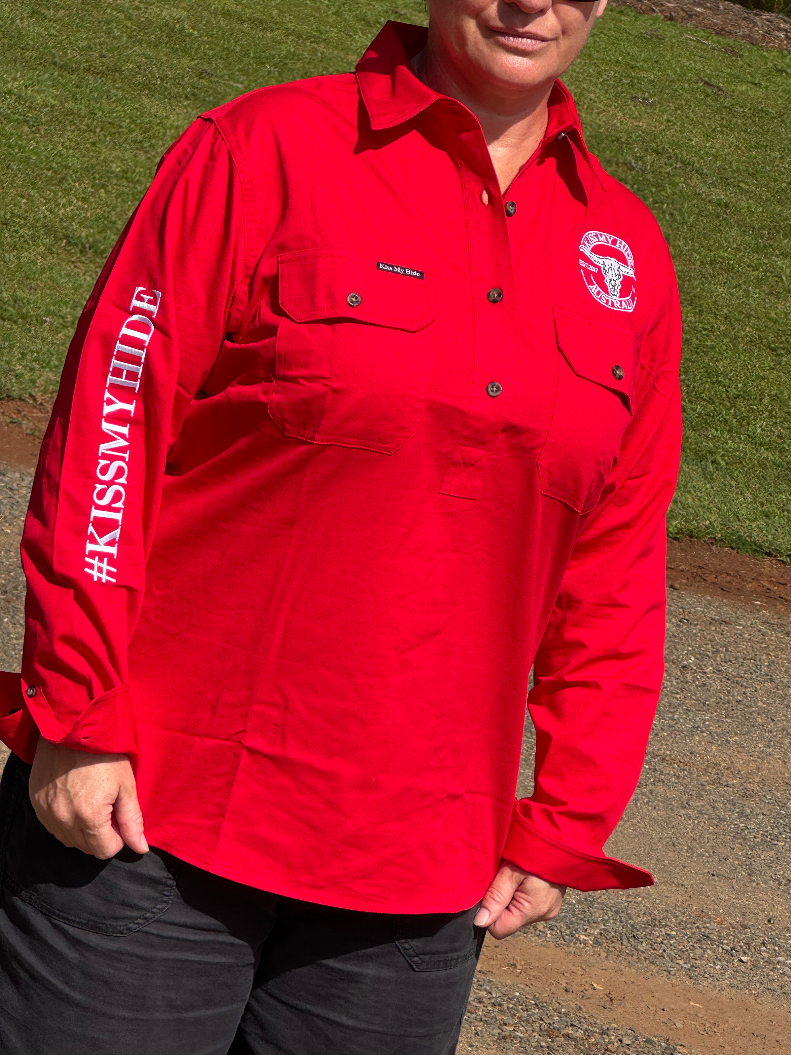 ELLA - Women's Red Half Button Work Shirt