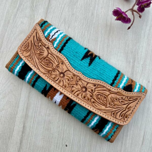 Angie Turquoise/White Saddle Blanket and Tooled Leather Trifold Wallet