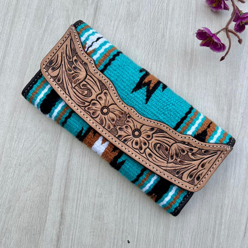 Angie Turquoise/White Saddle Blanket and Tooled Leather Trifold Wallet