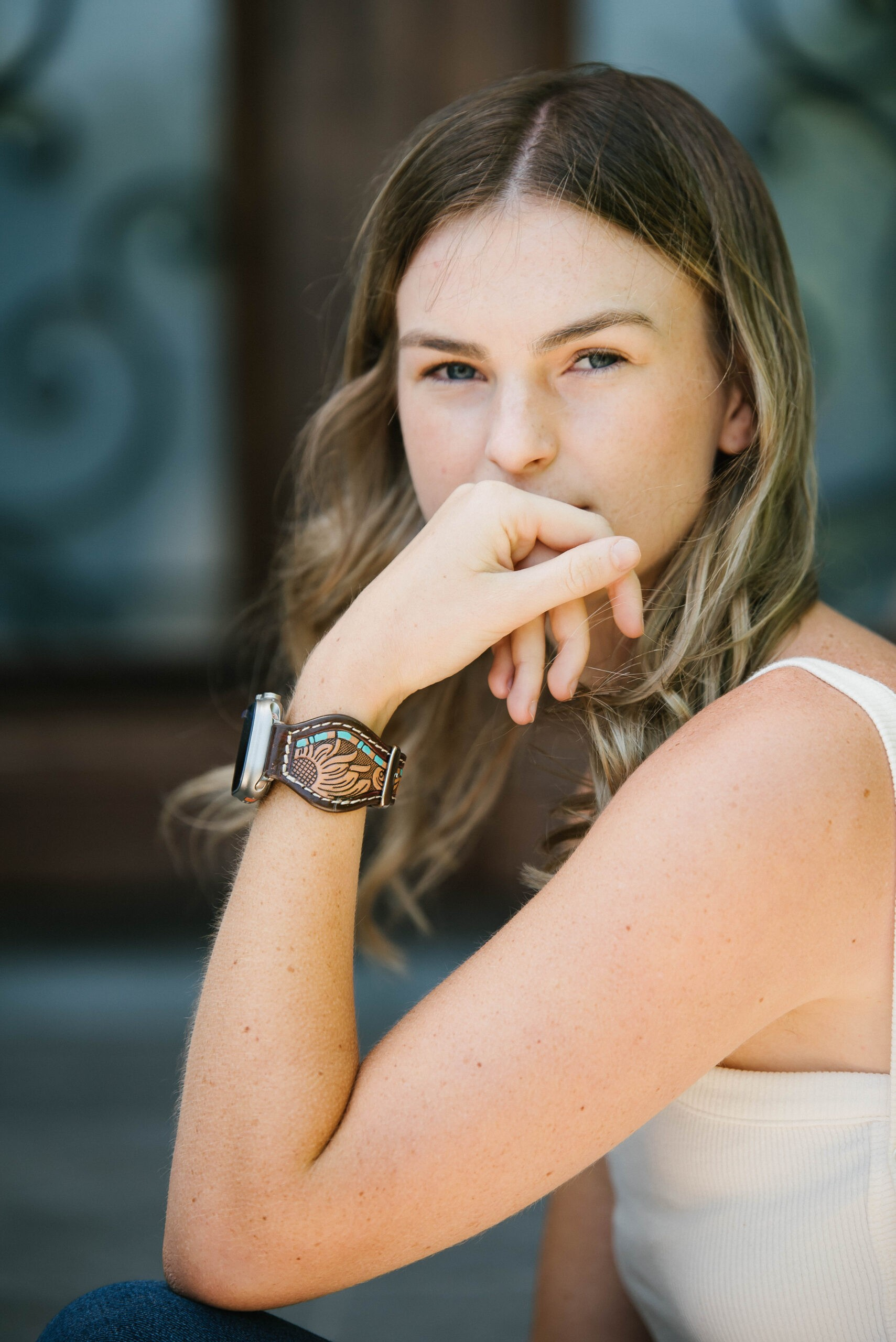 Tooled Leather Rounded Apple Watch Strap with Turquoise Detailing