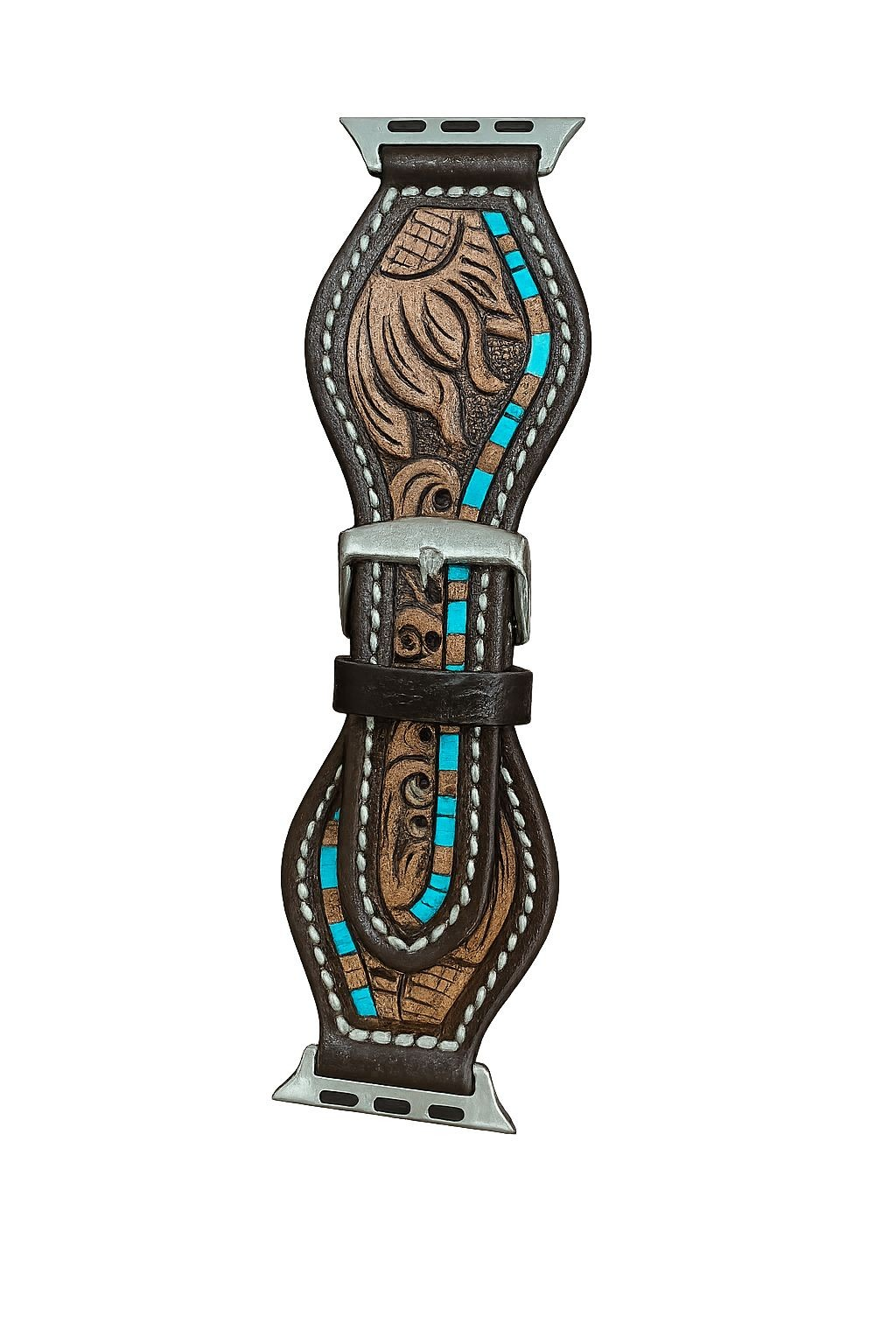 Tooled Leather Rounded Apple Watch Strap with Turquoise Detailing