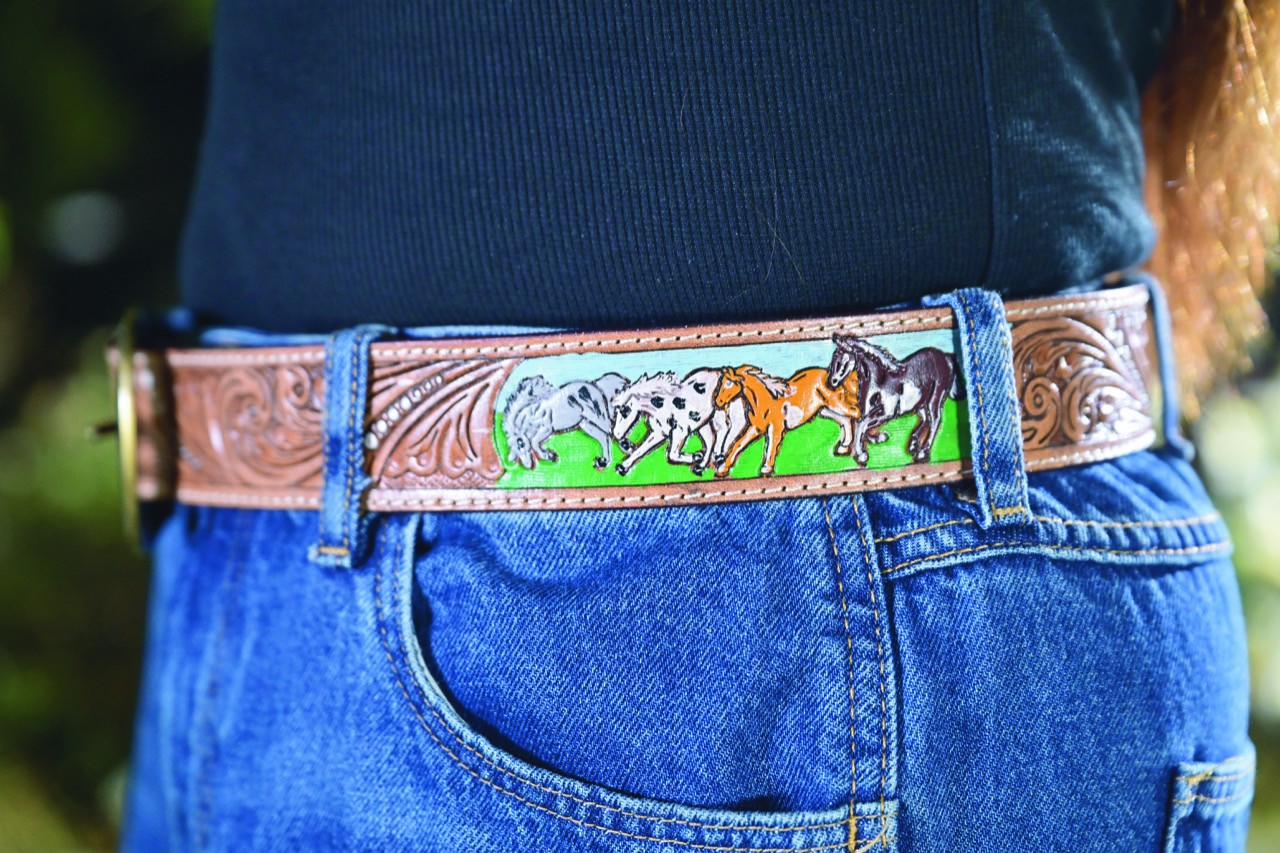 Hillary – Women’s Genuine Tooled Leather Running Horses Belt
