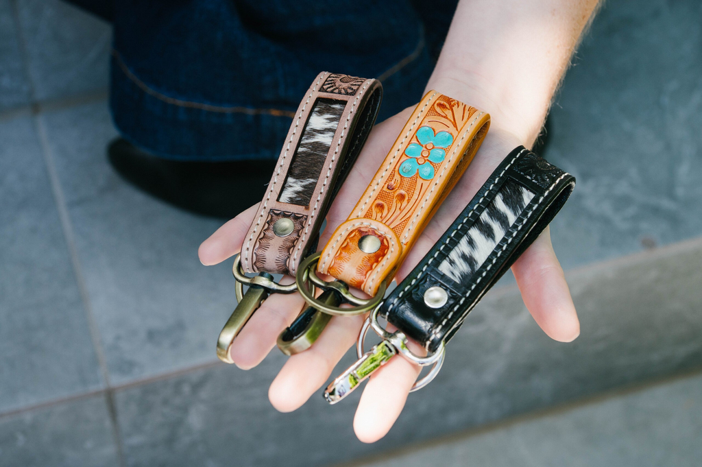 Sleek Tooled Leather and Cowhide Keyring
